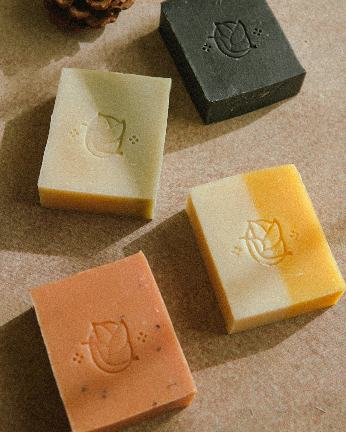 A set of four different colored soap bars with a pine cone, displayed on a wooden surface.